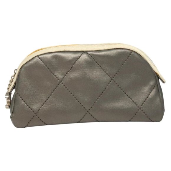 CHANEL Bicolore Pouch PVC Leather Gray CC Auth BA1250